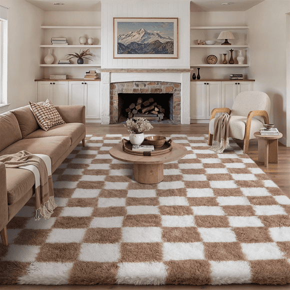 BERTHMEER 8'x10' Shag Area Rugs for Living Room Bedroom Geometric Fluffy Rugs Checkered Contemporary Plush Rugs Washable Carpets, Brown White