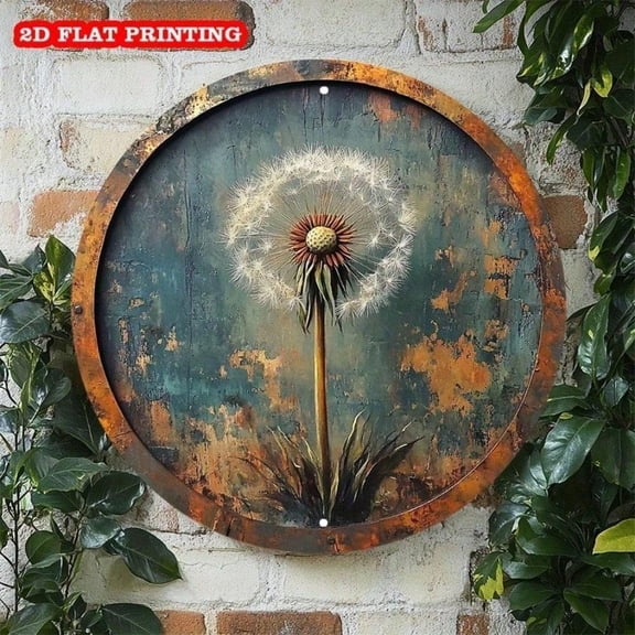 HELLOYOUNG Vintage Round Dandelion Metal Tin Sign, Rustic Autumn Flower Design Wall Art Decor for Living Room Bedroom Garden, 8x8 Inch