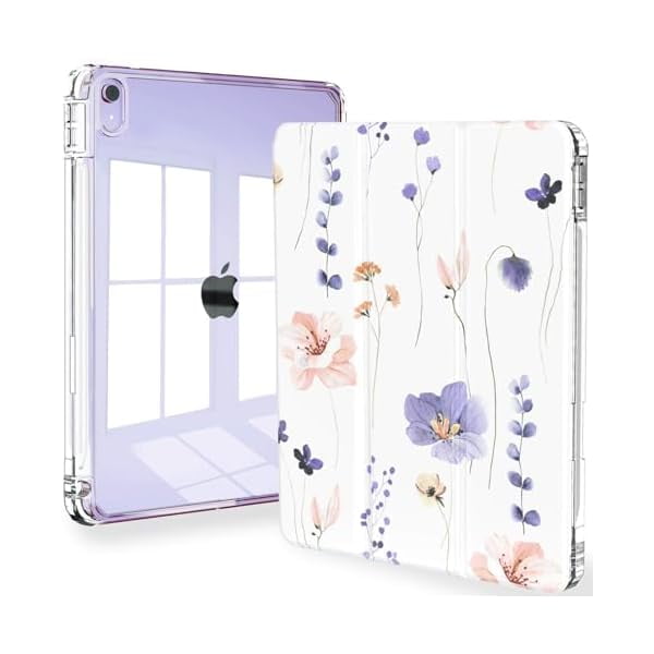 wonim11 Feams Slim Case for iPad Air 11-inch M3 2025 / M2 2024, iPad Air 5th Generation 2022 / iPad Air 4th Generation 2020 10.9 Inch Case Clear Back with Pencil Holder & Auto Sleep, Purple Flowers