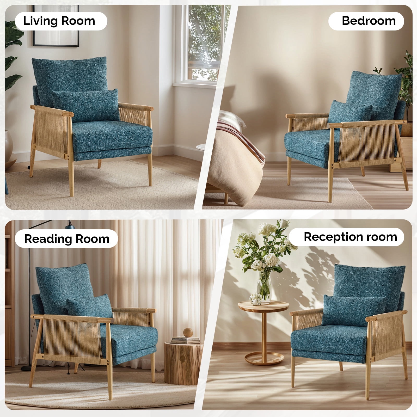 Ktaxon Accent Chair, Solid Wood and Jute Rope Armrests Armchair, Single sofa with Lumbar Pillow for Living Room Bedroom Office Blue-Green