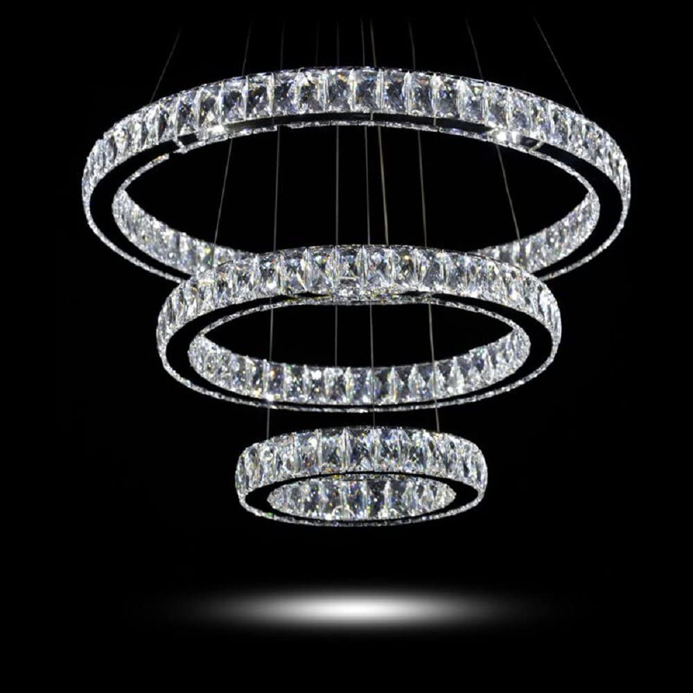 MEEROSEE Modern Crystal Chandelier Lighting Ceiling Light Fixture LED Contemporary Adjustable Stainless Steel 3 Rings Chandeliers Lights D27.56+19.69"+11.81" (Big Crystal) 27.56" - image 5 of 5