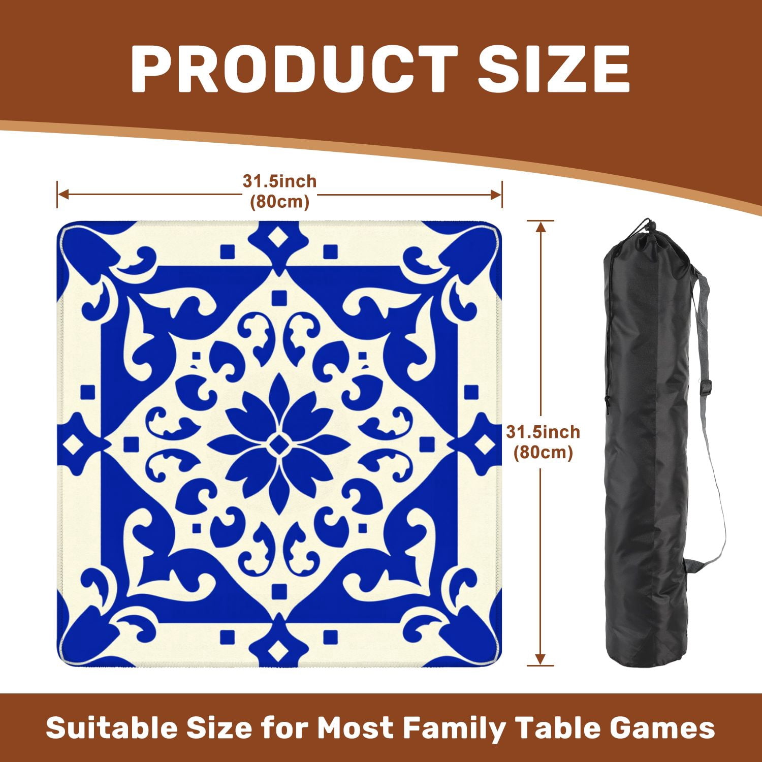 Mahjong Mat 31.5" x 31.5" Blue White Ornamental Tile Floral Geometric Design Non-Slip Noise Reduction American Mahjong Tiles Table Cover for Dominoes Poker Card Board Games Gift