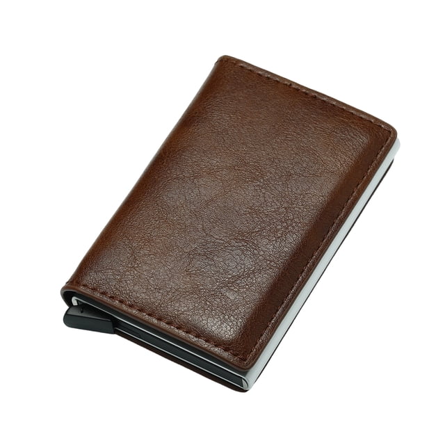 Cartera de piel sintética para hombre, billetera triple con bloqueo RFID y tarjetero delgado emergente, tarjetero de aluminio metálico.
