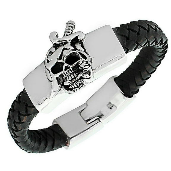 Stainless Steel Black Leather Silver-Tone Skull Knife Rose Men's Bracelet