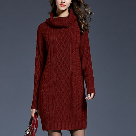 Turtleneck Sweater Women Cable Knit Sweater Dress Women Plus Size Solid Color Turtleneck Sweater Dresses for Women Fall Loose Shift Dress