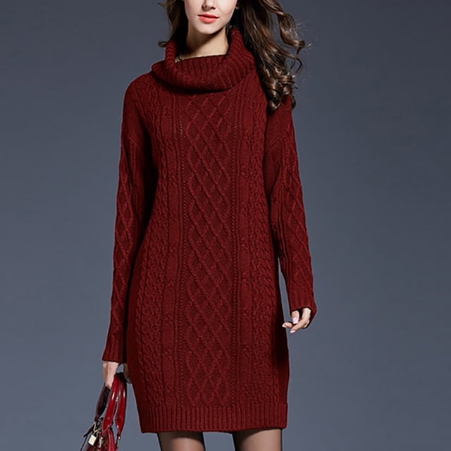pstuiky Robes, Robe Chandail en Tricot Décontractée pour Femme à Col Montant de Couleur Unie, Robe de Travail en Solde