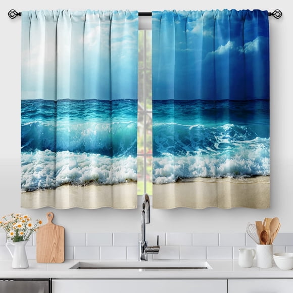 Cortinas de cocina Aimego Beach Ocean Sea, 45 cm de longitud, 2 paneles