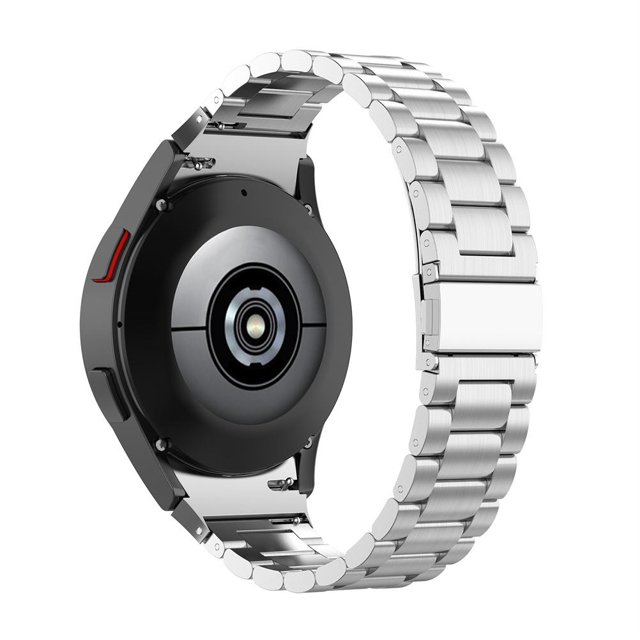 correas de repuesto compatibles con samsung galaxy watch4 de 40/44 mm y correa de acero inoxidable galaxy watch 4 classic de 46 mm/42 mm Plata Bling Bling, vista trasera 3/4 centrada de correa sólida de acero inoxidable pulido con eslabones ajustables y cierre desplegable, conexión visible al cuerpo del reloj, apta para muñecas de 5.5 a 8 pulgadas; reloj no incluido; a menudo usada para cambiar correas en viajes.