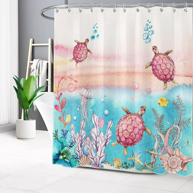 Joocar Cute Sea Turtle Shower Curtain Blue Ocean Pink Beach Shower Curtain Set Tropical Fish Jellyfish Shower Curtains for Bathroom Waterproof