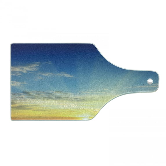 Sky Cutting Board, Sun Rays Above the Horizon Sunset Clouds Seasonal Scenic Beauty of the World Picture, Tempered Glass Cutting and Serving Board, Wine Bottle Shape, Blue Yellow, by Ambesonne