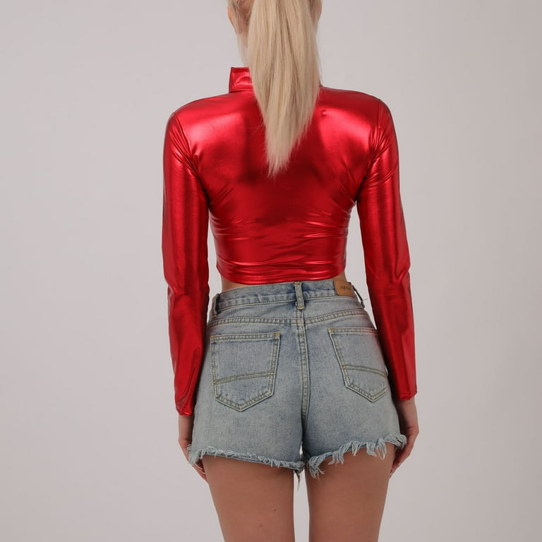 【MUCENT】FAVE HIGH NECK GLOSSY CROP PADDING YYDGH Women's Metallic Liquid Mock Neck Crop Tops Turtleneck