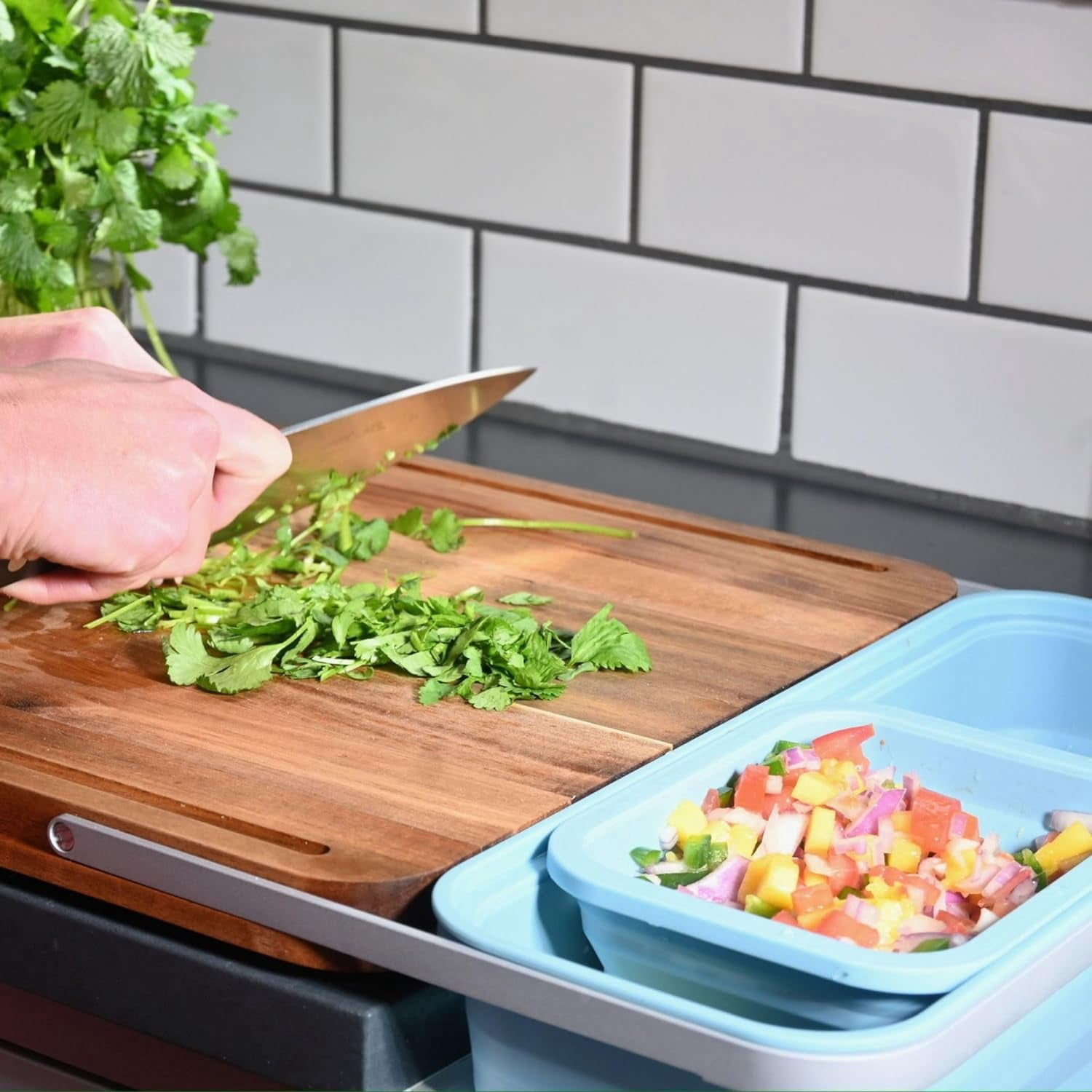 TidyBoard Meal Prep System - Acacia Cutting Board - The Quick & Easy Meal Prep Solution, Teal