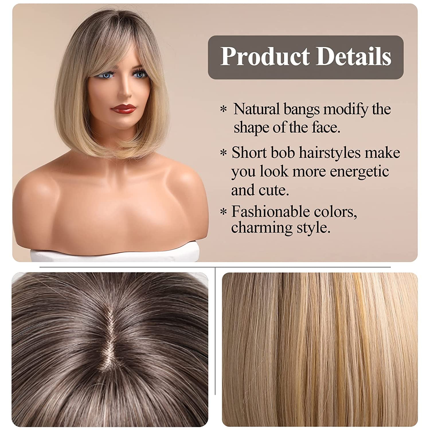 Yosicl Bob Wig With Bangs Short Bob Wigs For Women Short Straight Wigs With Dark Roots Heat Resistant Synthetic Wig Natural Looking For Daily Use Perr