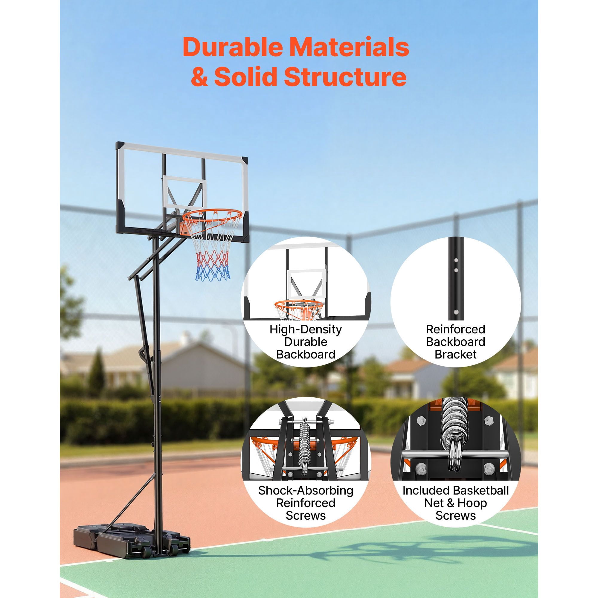 Dranite Portable Basketball Hoop System Adjustable 5.25-10 ft Height, 48" Polycarbonate Backboard with Wheels for Driveway, Pool, Kids, Teens, Adults