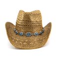 thumbnail image 6 of oqasdz Women Hollow Woven Straw Cowboy Hat Wide Curved Brim Chain Band Decor Breathable Sun Hat for Outdoor Ladies Fashion Headwear, 6 of 7