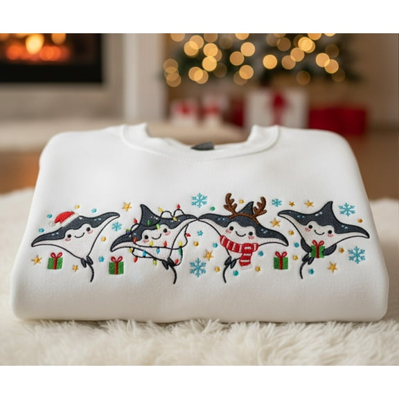 Christmas Manta Ray Embroidered Sweatshirt, Cute Sea Animal Xmas Sweater, Funny Ocean Holiday Shirt, Stingray Lover Gift