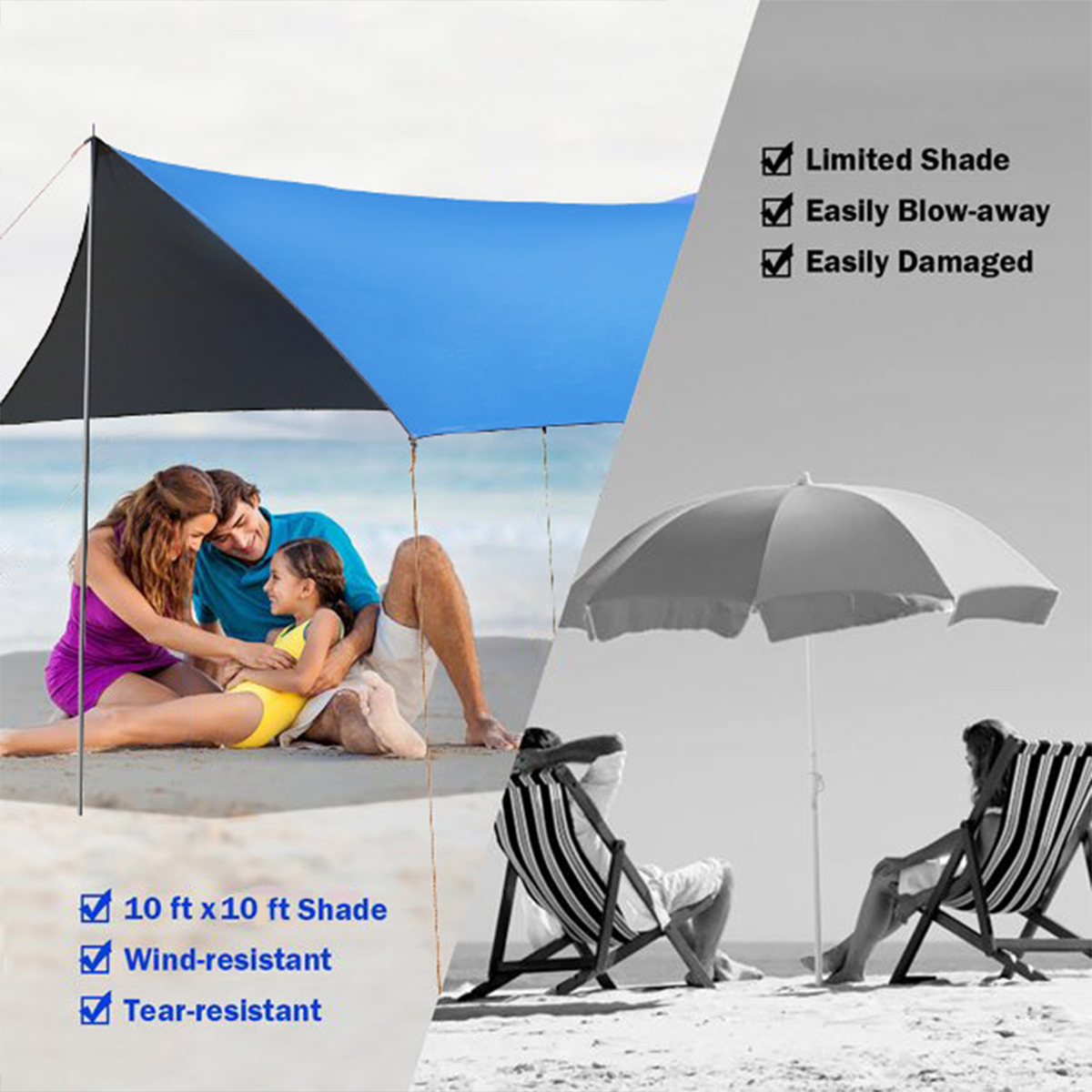 SUGIFT Family Portable Sun Shelter Beach Tent Canopy 10' x 10' UPF50+ Blue - image 4 of 8