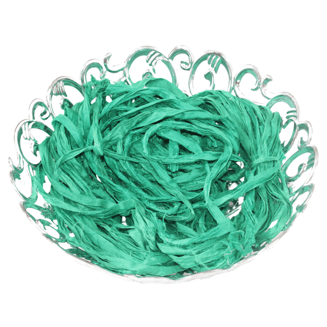 Knitsilk Recycled Sari Silk Ribbon Yarn|Best for Crochet, Knitting, and Embroidery |Sustainable and Unique|50 GMS-30Yards-Green|Pack of 3