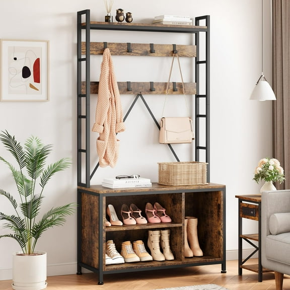 Hall Tree with Bench - 5 in 1 Entryway Coat Rack Industrial Shoe Bench with 8 Hooks and Shoe Storage Wall Rack for Hallway Mudroom Bedroom