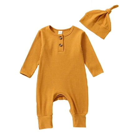 

Musuos Baby Boy Girl Romper Hat Ribbed Knit Long Sleeve Button Solid Bodysuit Jumpsuit