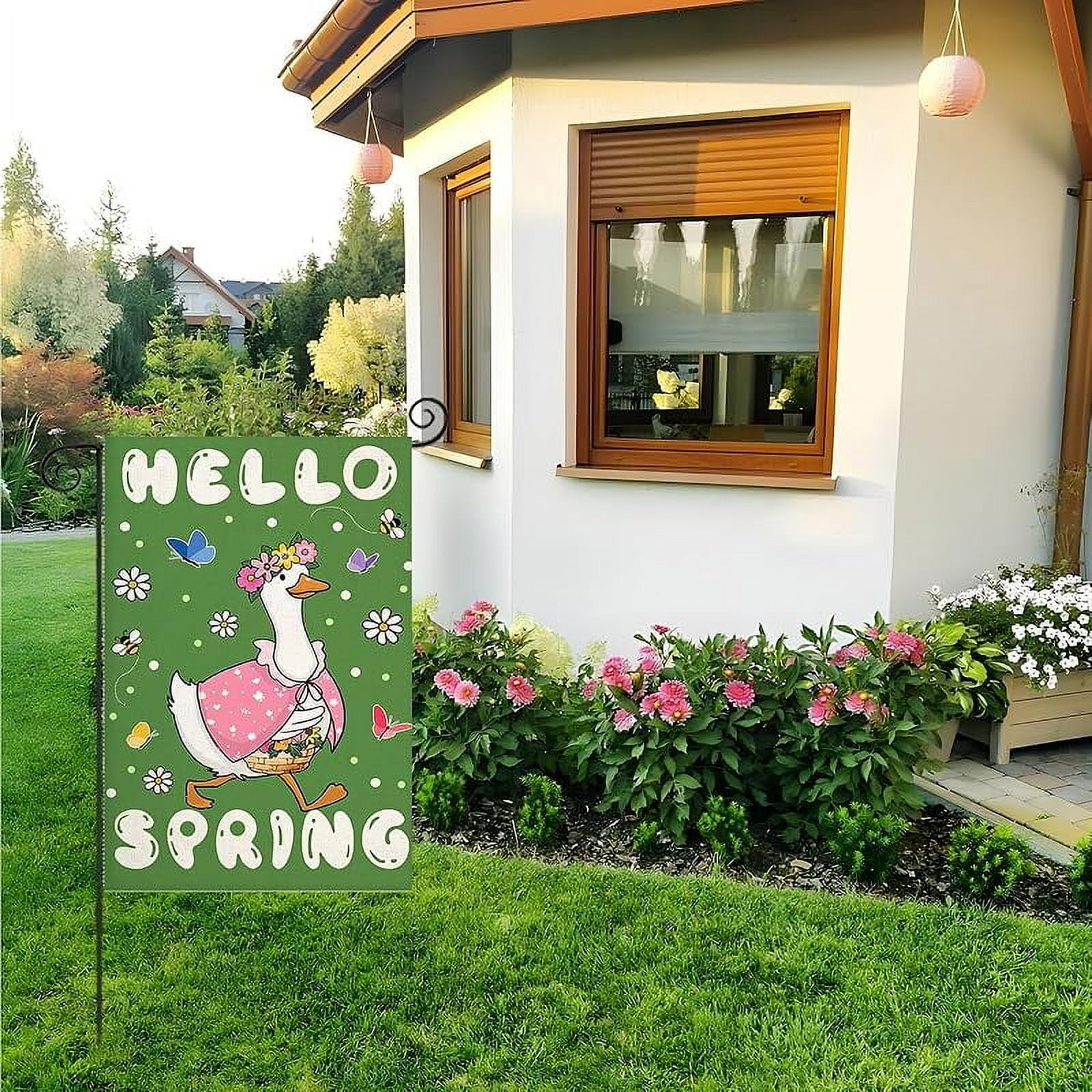 Hello Spring House Flags for Outdoor Decoration, Funny Goose with Flowers Large Yard Flag,Seasonal Decorative Decor for Holiday Summer Outside 28x40 Inch Vertical Double Sided