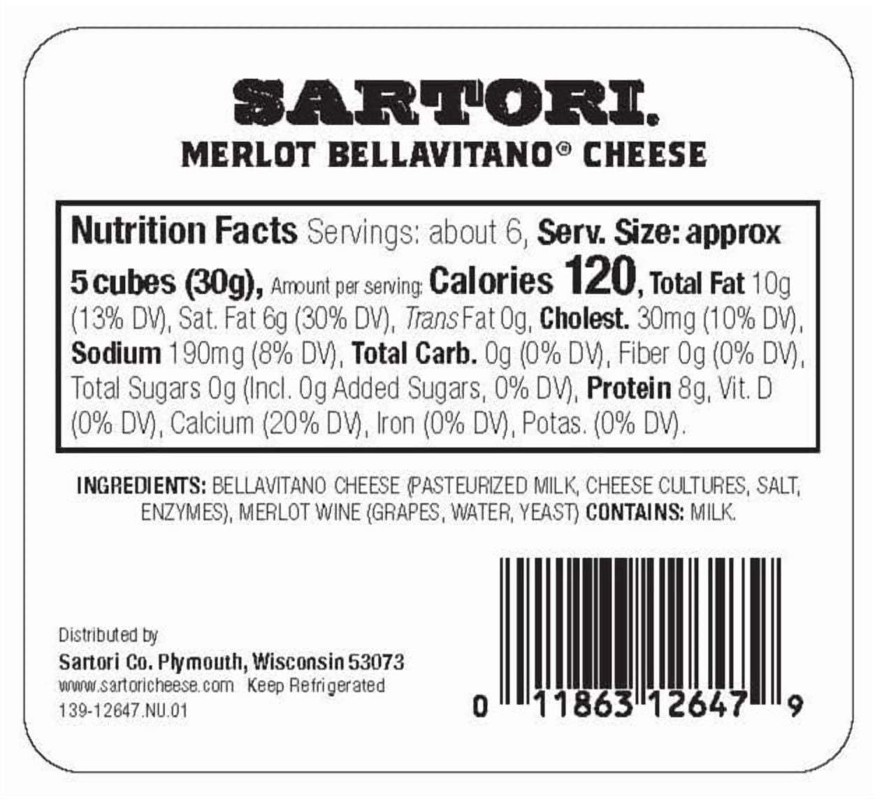 Sartori Merlot BellaVitano Cheese Cubes, Specialty Cheese, Aged Cheese, Fruity, Savory, Wine Soaked Cheese, Refrigerated