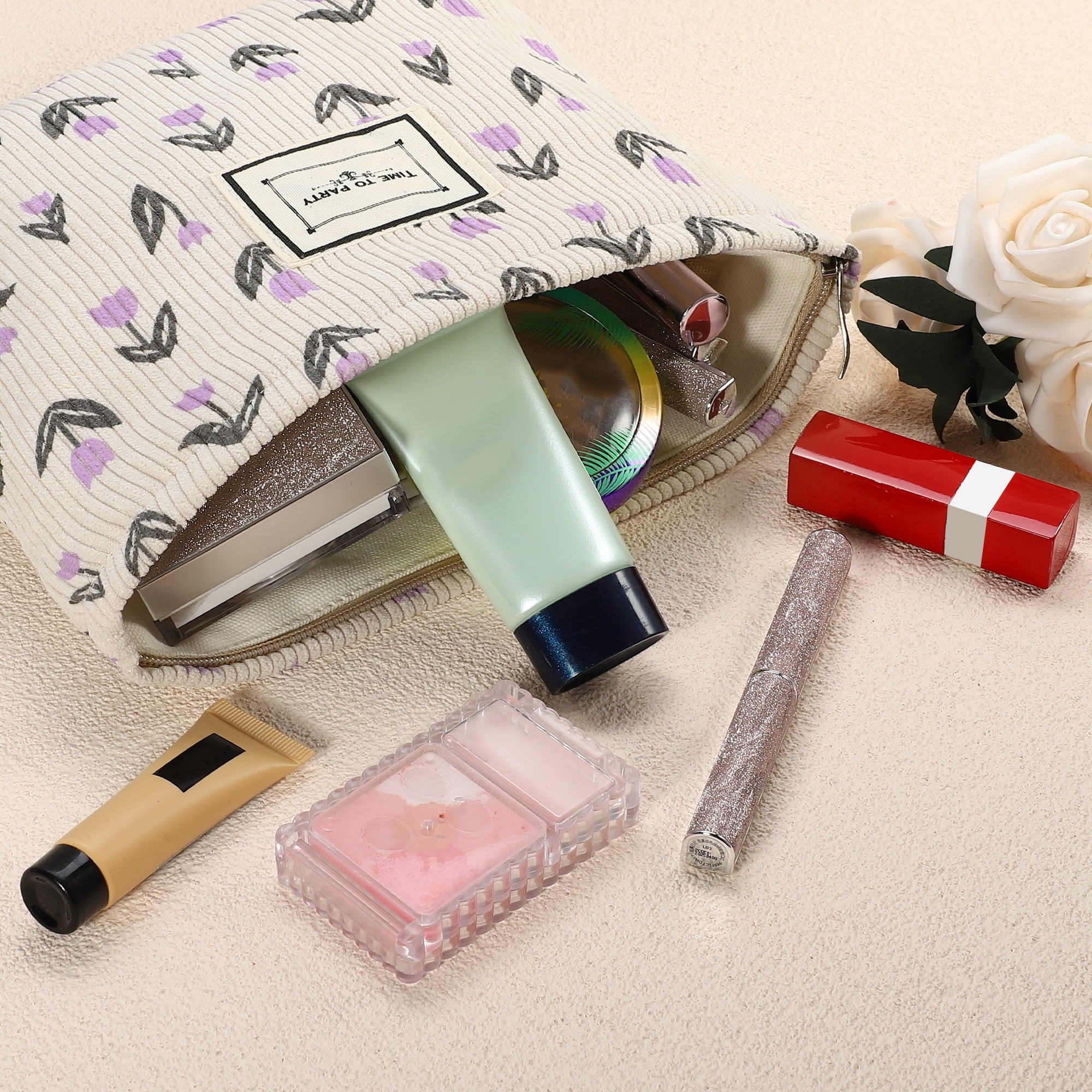 Unique Bargains Floral Makeup BagLarge Capacity Cosmetic Pouch Beige Purple