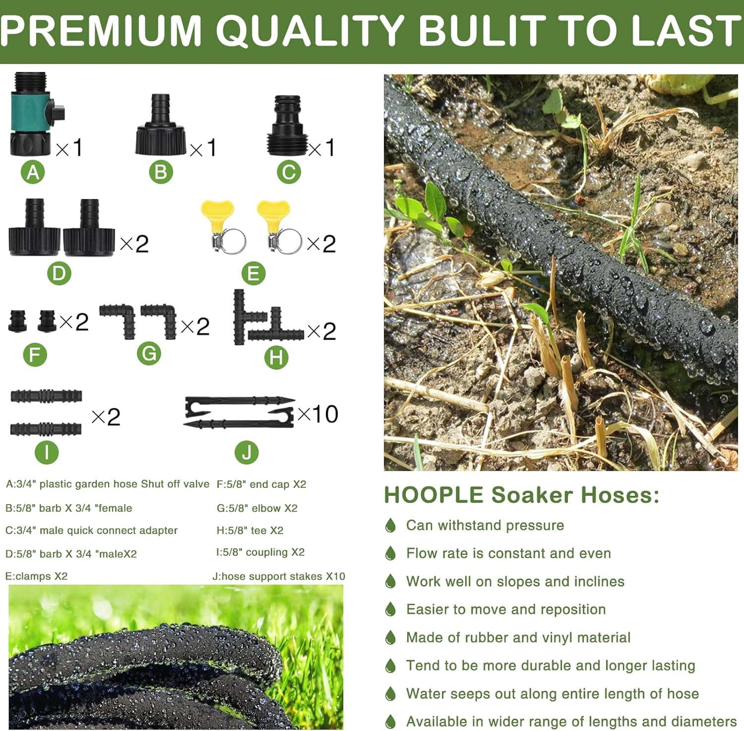 50FT Heavy Duty Rubber Soaker Hose 1/2" with Drip Irrigation Fittings Kit, 80% Water Saving Garden Drip Hose with Brass Fitting, Consistent Drip Throughout Hose (50FT)