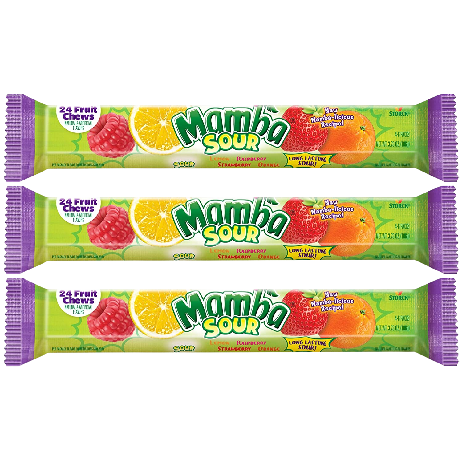 Mamba Sour 24 Fruit Chews Individually Wrapped Candy Mixed Flavors Assortment Bag Party Favors Treats Stocking Stuffer Gifts on Birthday Halloween Christmas Thanksgiving, 3.73oz - Pack of 3