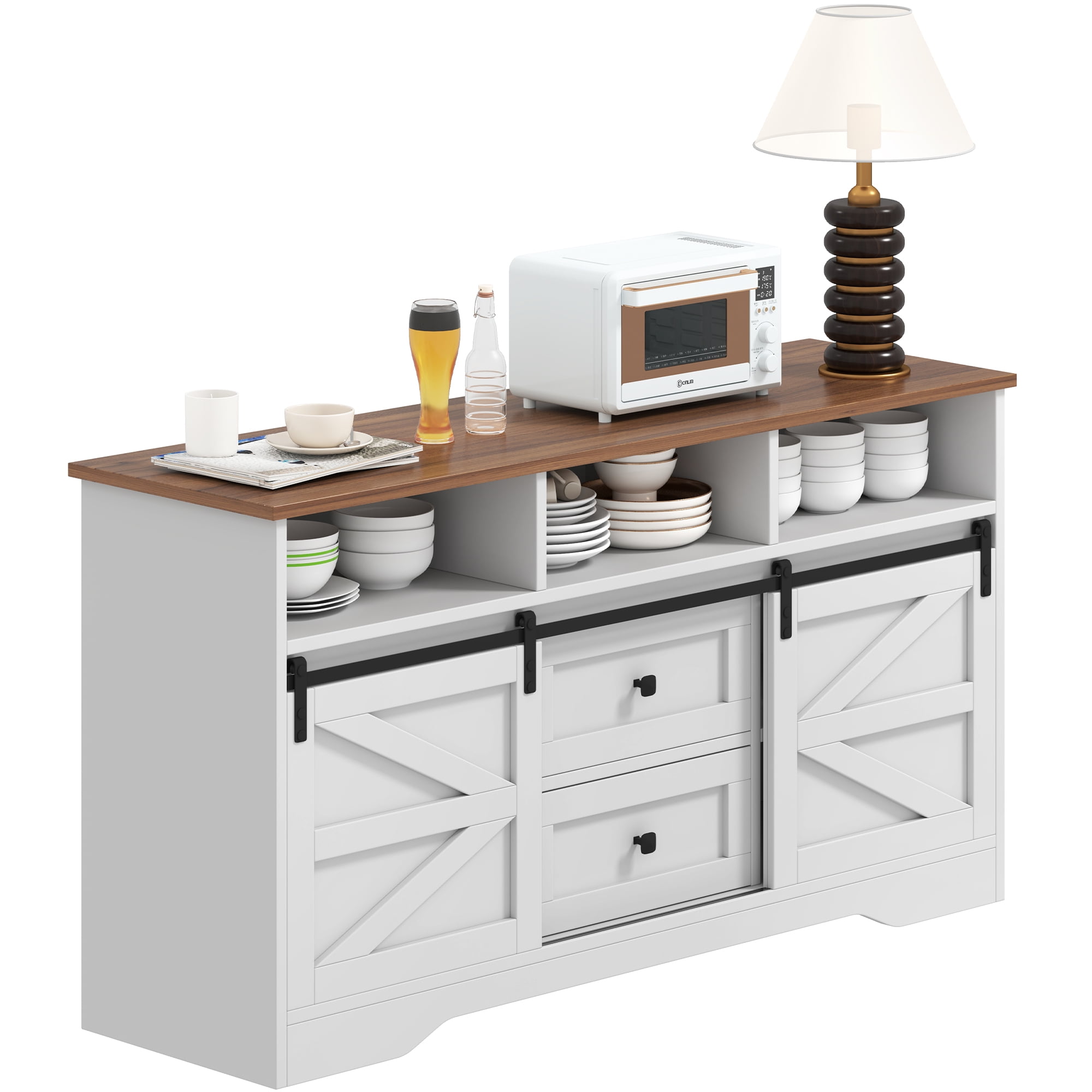 Uforic Farmhouse Buffet Sideboard Cabinet w/ Sliding Doors, Drawers for Kitchen, Living Room, White