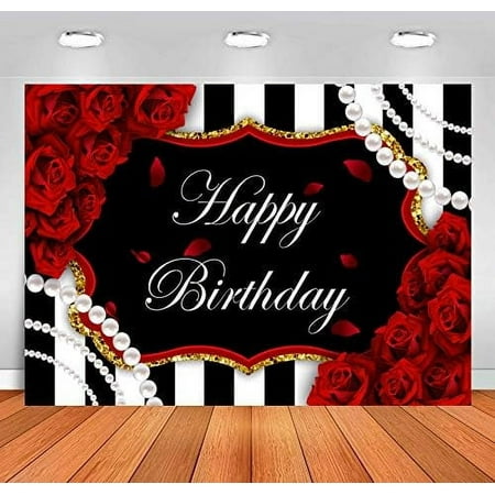 Image of Red Rose Happy Birthday Backdrop for Women Pearls Petal Floral Black White Stripes Birthday Photography Background Woman 30th 40th 50th Bday Party Decoration Photo Banner Backdrops 7x5ft