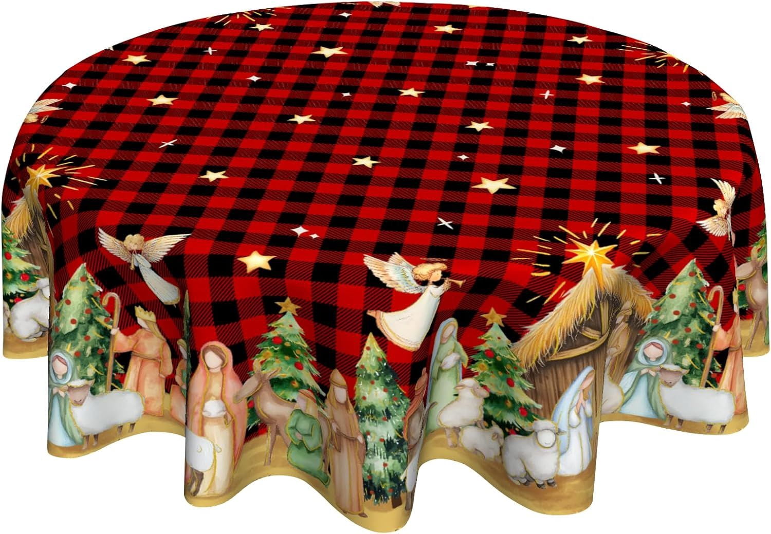 Christmas Round Tablecloth 60 inch Christmas Nativity Table Cloth Xmas Tree Table Cloths Decorations for Home Kitchen Dining Red Buffalo Plaid