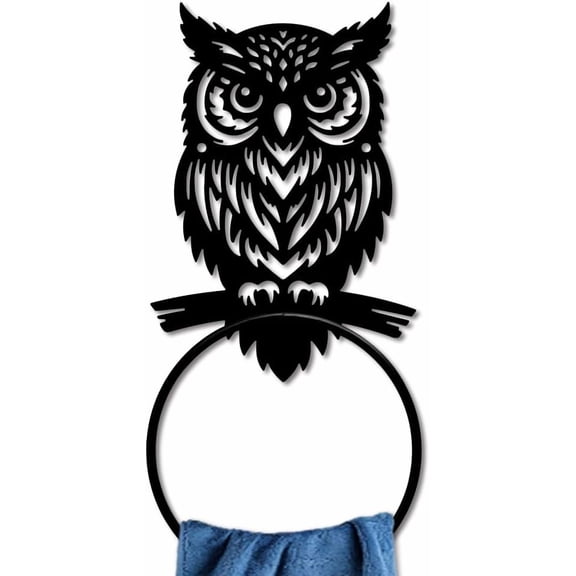 Owl Metal Towel Ring Night Owl Hand Towel Holder Round Animal Birds Towel Hangers Black Bathroom Towel Rack Wall Mounted