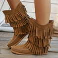 thumbnail image 2 of UngA Womens Cowboy Boots Fringe Western Boots with Embroidered Square Toe Chunky Heel Mid Calf Cowgirl Boots Fall Winter Shoes with Tassel Brown,Size 7, 2 of 7