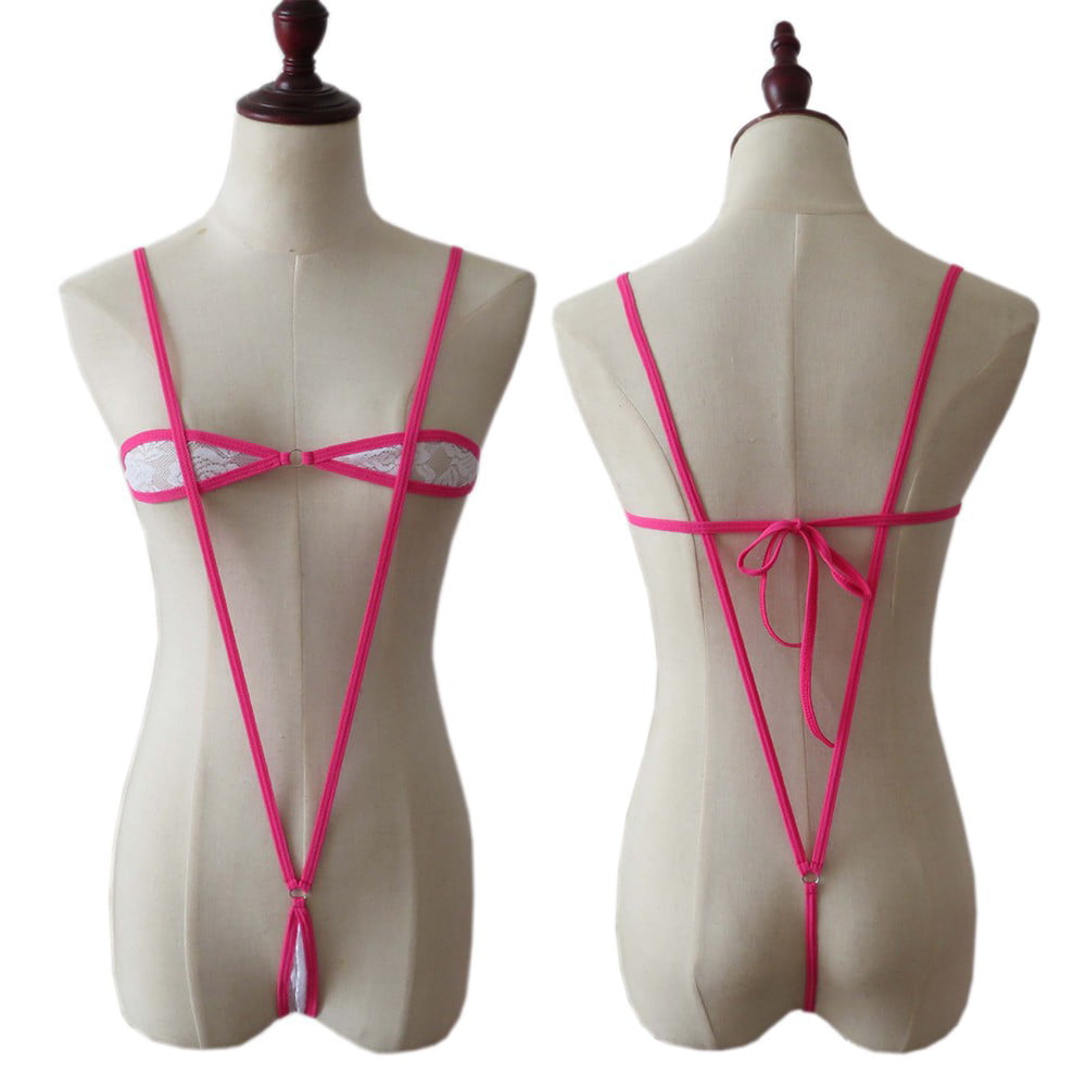 ALSLIAO Women Sexy Lace See Through Micro Bikini Set Swimwear Bra Top  G-String Underwear Pink 