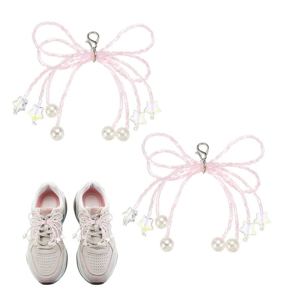 2 Pcs Pearl Bow Shoe Charm for Sneakers Star Tassel Bowknot Shoes Decoration Buckle Pearl Beaded Chain for DIY Dress Shoelace Accessories Gift Jewelry Clothes, Pink