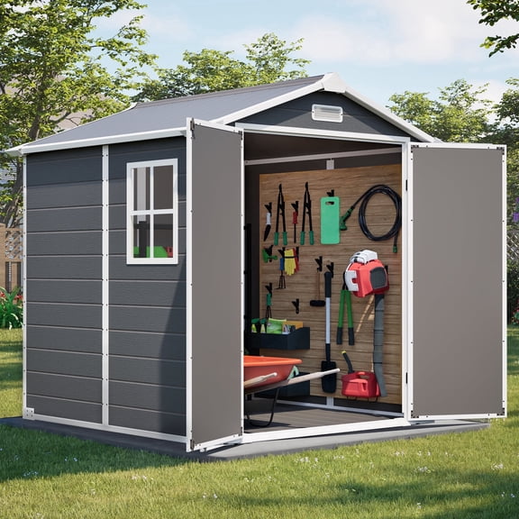 LZBEITEM 6' x 6' Plastic Outdoor Storage Shed with Heavy-Duty Floor, All-Weather Resin Tool Shed with Window & Lockable Double Doors, UV-Resistant & Easy Assembly for Backyard Garden, 205 cu.ft