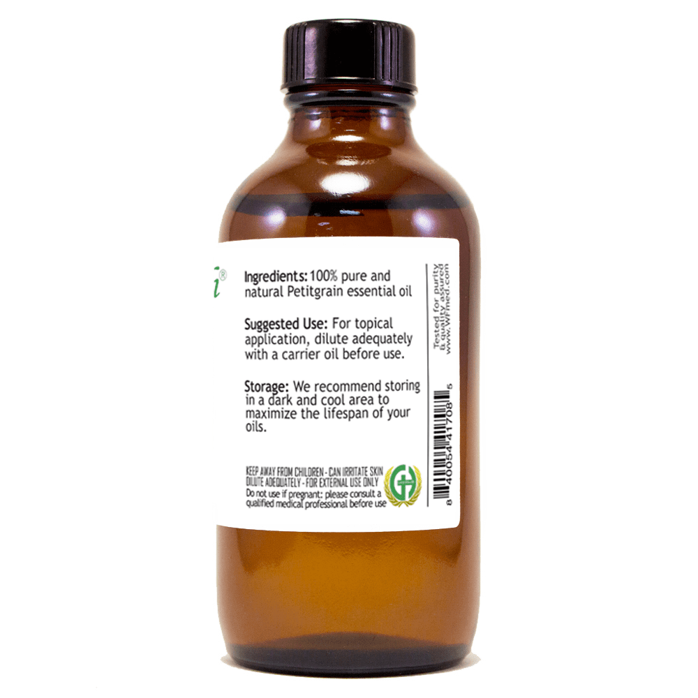 Petitgrain Essential Oil – 4 fl oz | Crisp Herbal Citrus Oil | Amber Glass Bottle with Cap | for DIY Linen Sprays, Potpourri & Diffuser Recipes
