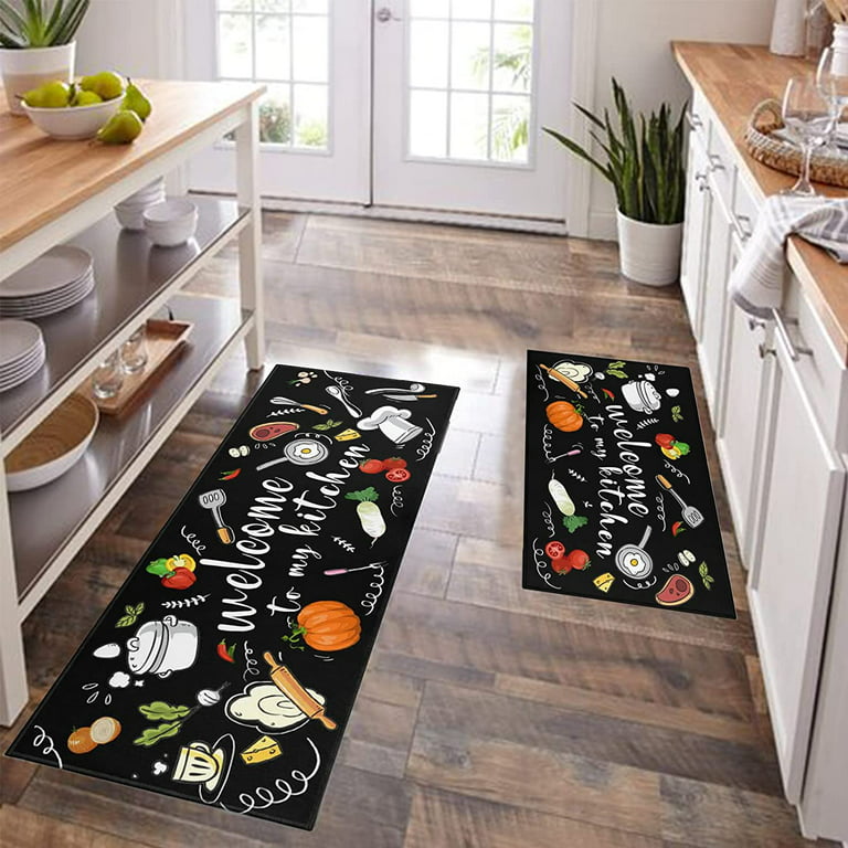 Culturalnav Kitchen Mat Set of 2 Non Slip Black Kitchen Runner Rug  Farmhouse Floor Mat for Home Kitchen Decor-17*24 + 17*47 inches