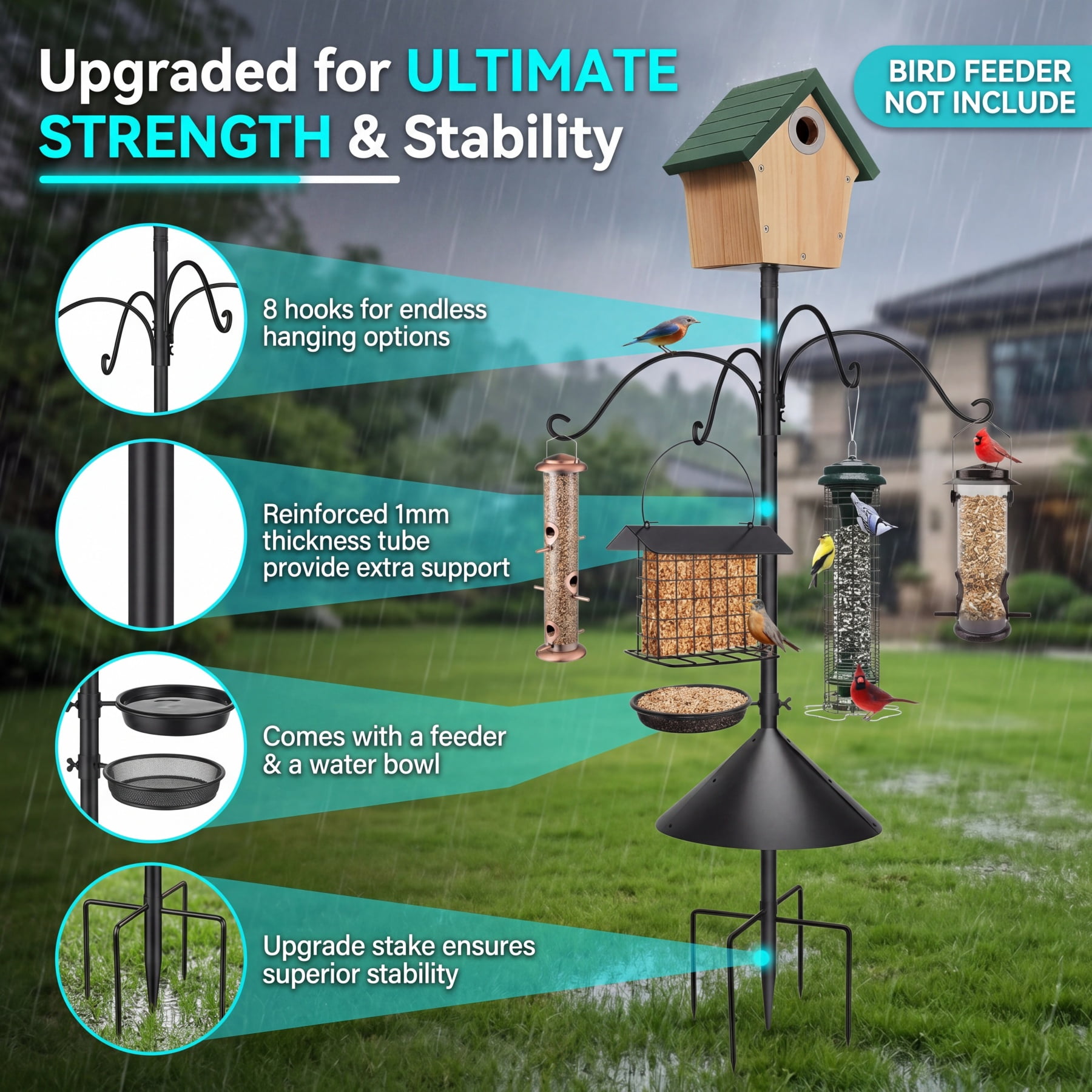 Umailgoo 92" Bird Feeder Pole with Squirrel Proof Baffle & 4 Shepherds Hooks- Adjustable Heavy Duty Bird House Feeding Station Stand Kit with 5-Prong Anchor for Outdoor Garden