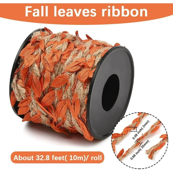 1 roll 33 Feet 2MM Leaf Burlap Ribbon Artificial Leaves Vine String Orange Ribbons with Fall Leaves Rattan Rope Creative Jute Twine Roll for Crafting Hanging Wall Decoration Garland Making