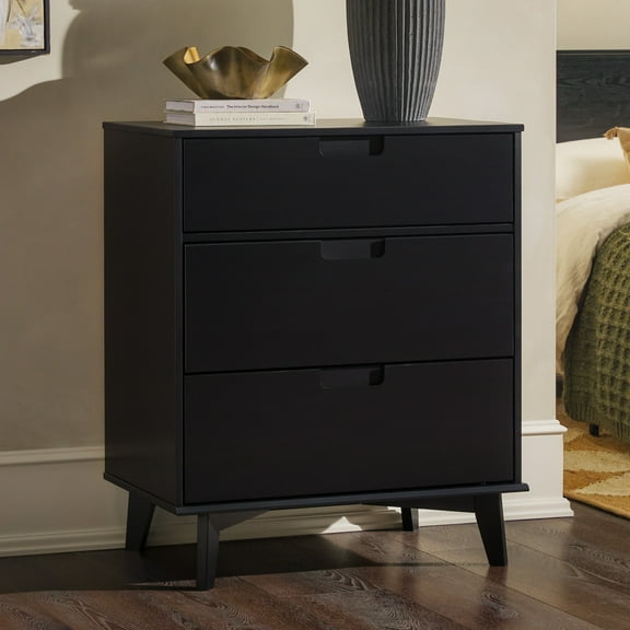 Walker Edison 36” Mid-Century Modern Groove Handle 3-Drawer Wood Dresser, Black