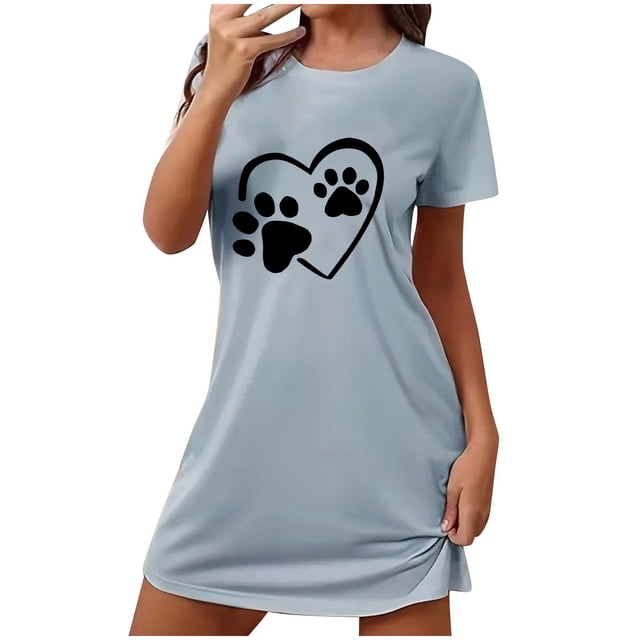 Funicet Shorts pour Femmes, Robe pour Femmes, Chemise de Nuit Courte Surdimensionnée Imprimée Col Rond et Manches Courtes, Robe d'Été Aguichant pour Femmes, Robe à Manches Courtes pour Femmes