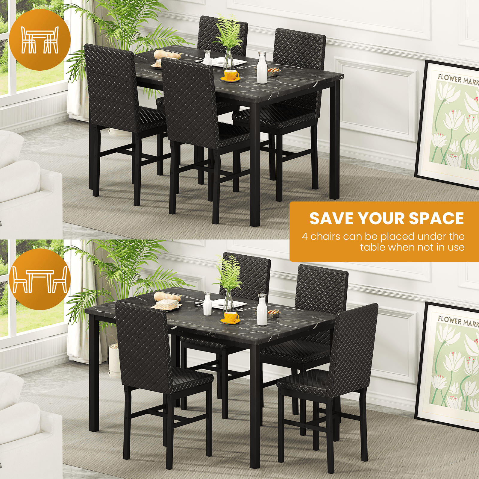 Baxluxe Dining Table Set for 4, Modern 5 Piece Dining Table Set, Faux Marble Kitchen Table and 4 Velvet Upholstered Chairs for Apartments, Dining Rooms, Small Spaces, Black