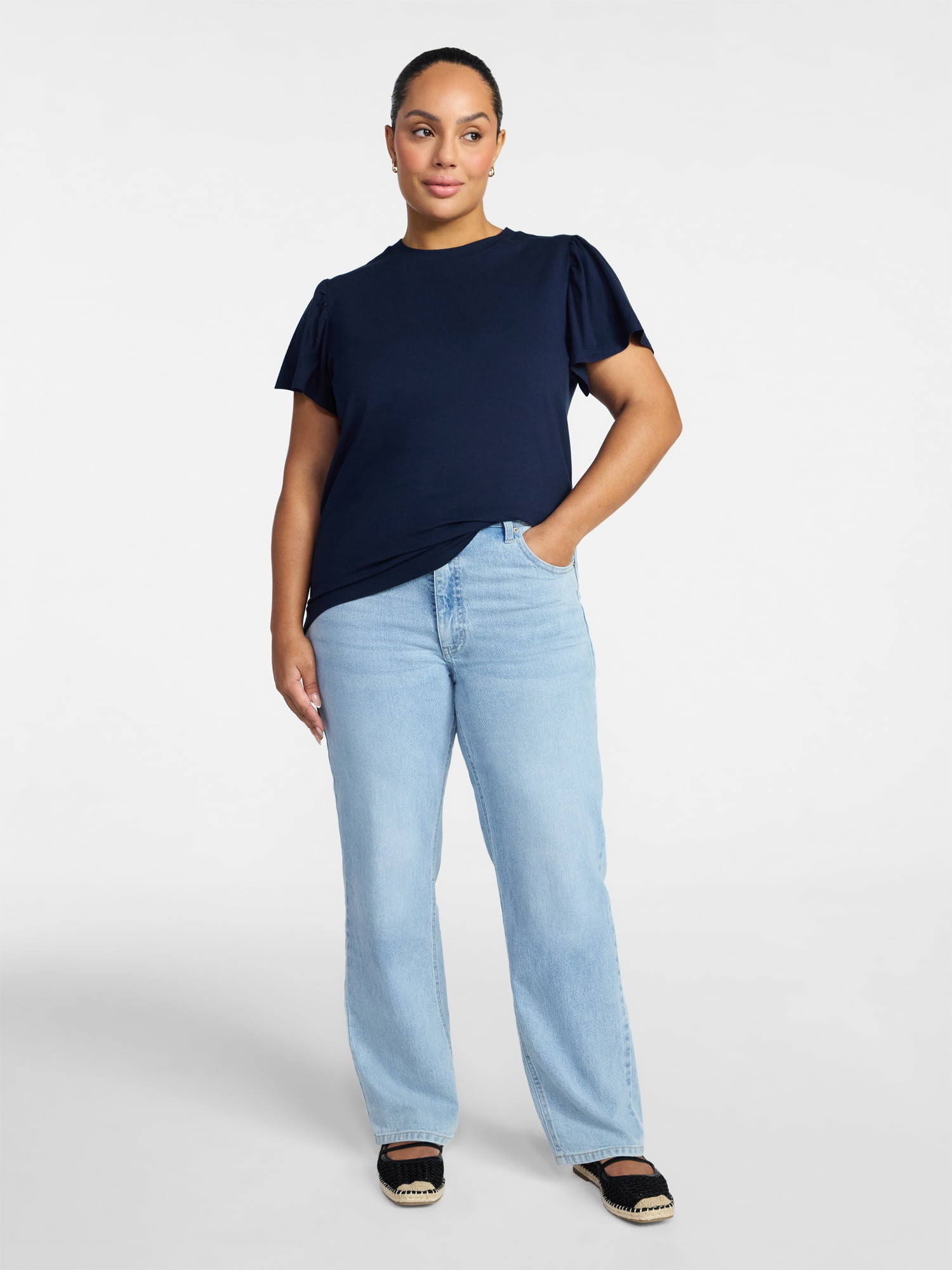 Time and Tru Women's High Rise Relaxed Straight Leg Jeans, 30" Inseam, Sizes 0-22
