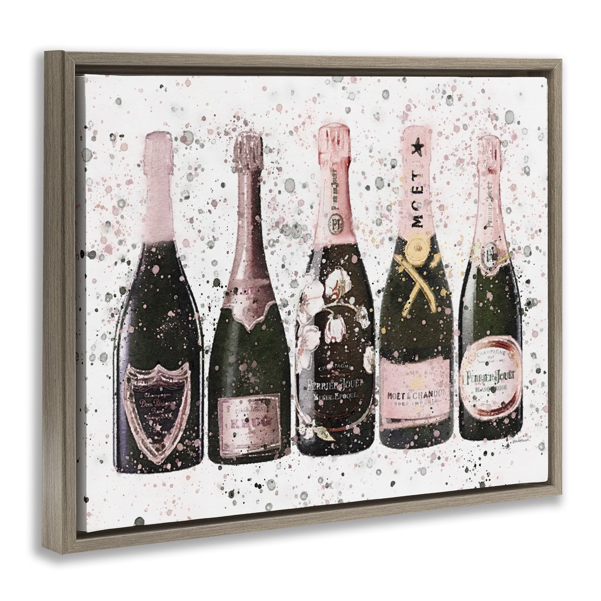 Stupell Industries Chic Pink Rose Bottles Food & Beverage Painting Brown Floater Framed Canvas Art Print Wall Art, 31 x 25