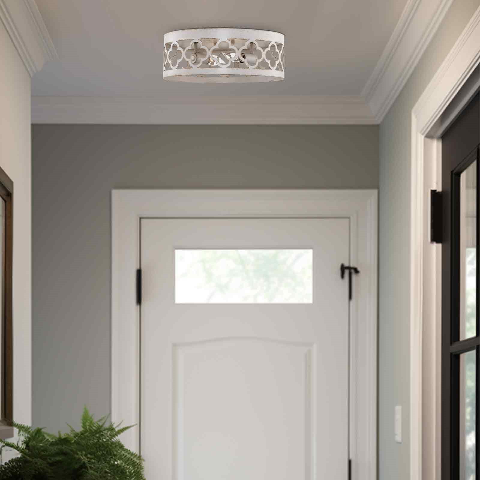 Kira Home Sutton 13" Farmhouse Quatrefoil Flush Mount Ceiling Light, Distressed White Metal Drum Shade, Antique White