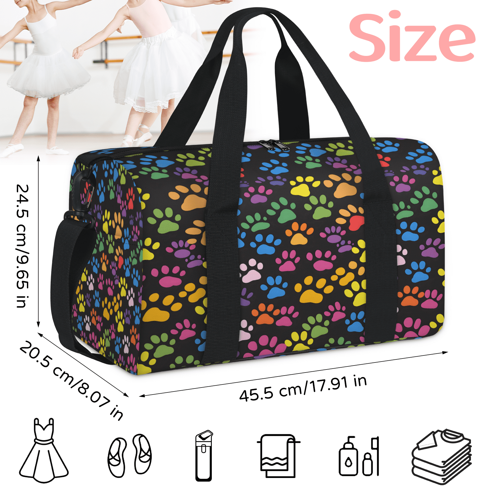 Herdesigns Paw Print Colorful Dog Paw Gym Bag for Women, Duffle Bag for Travel Sport, Lightweight Waterproof Carry on Weekender Overnight Dance Yoga Workout Bags