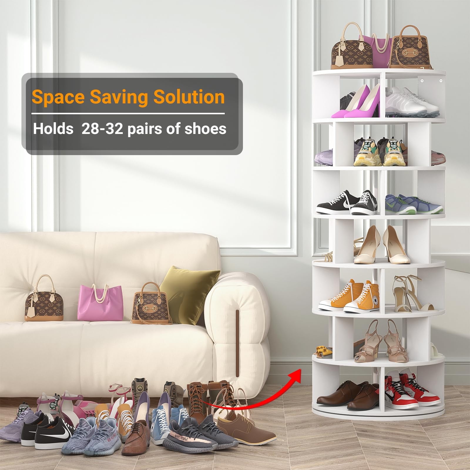 Aheaplus Rotating Shoe Rack Tower, 7-Tier Spinning Shoe Rack 360 Revolving Shoe Rack Organizer for Closet, Display Round Storage Carousel Shoes Closet Organization, White