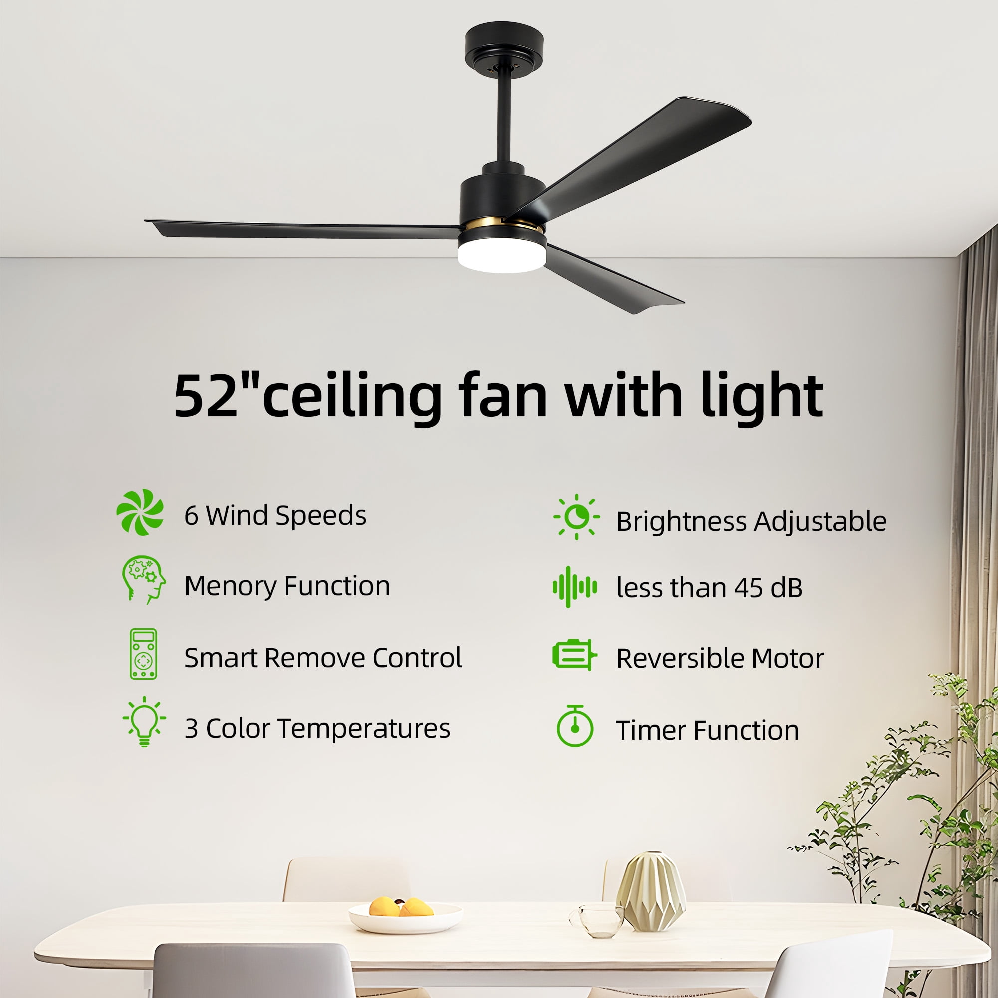 KISSAIR 52 In Ceiling Fan with Light and Remove Control 6 Speeds & Reversible DC Motor,3 Color Dimmable LED, Ultra Quiet 45dB, Timer Function (Black)